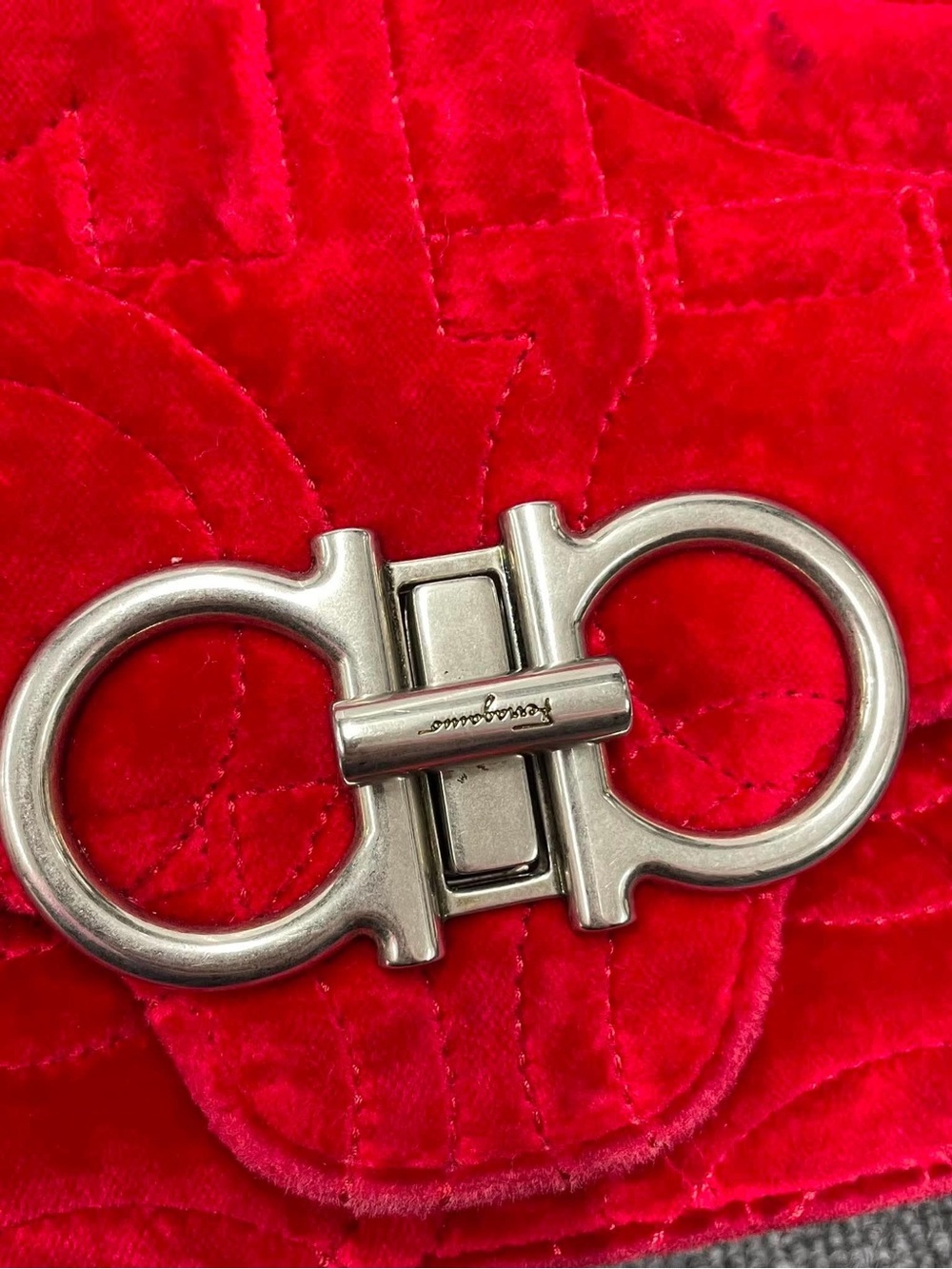 Salvatore Ferragamo Red Velvet Double Gancini Silver Hardware